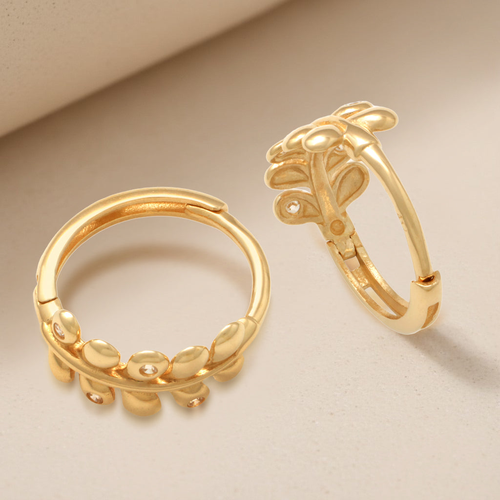 Real 10k Solid Yellow Gold Fancy Hoop Huggies Leaf Earrings