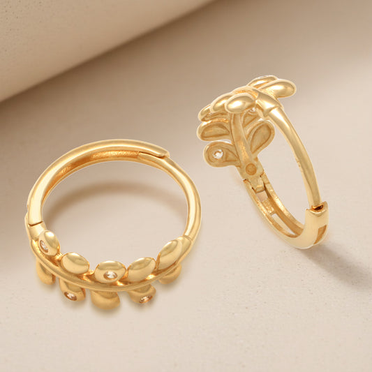 Real 10k Solid Yellow Gold Fancy Hoop Huggies Leaf Earrings