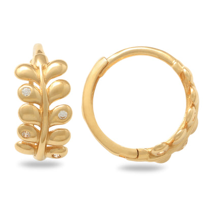 Real 10k Solid Yellow Gold Fancy Hoop Huggies Leaf Earrings