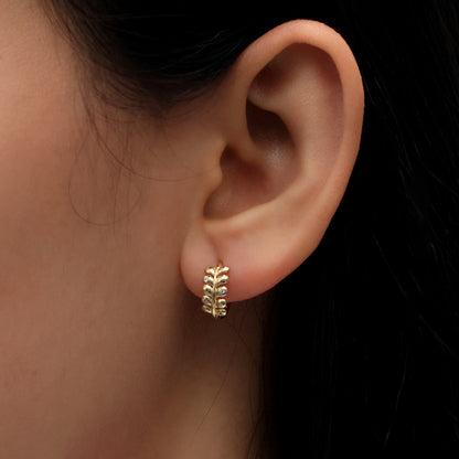 Real 10k Solid Yellow Gold Fancy Hoop Huggies Leaf Earrings