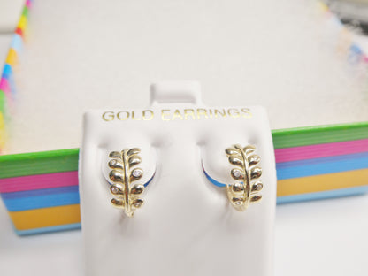 Real 10k Solid Yellow Gold Fancy Hoop Huggies Leaf Earrings