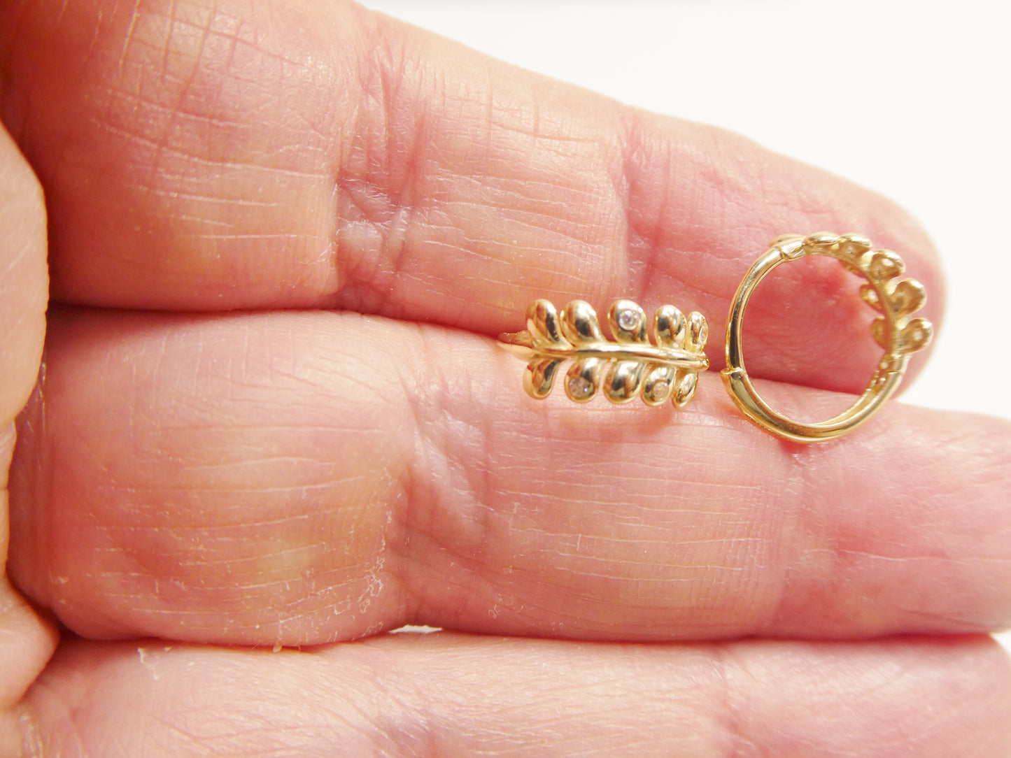Real 10k Solid Yellow Gold Fancy Hoop Huggies Leaf Earrings
