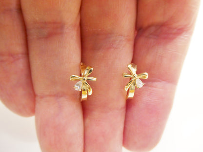 Real 10k Solid Yellow Gold Fancy Hoop Huggies Leaf Earrings