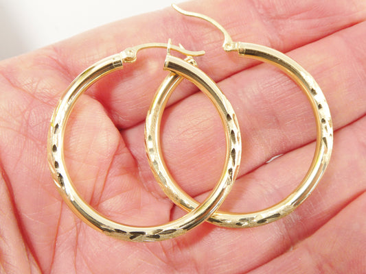 10k real solid yellow gold diamond cut hoop earrings