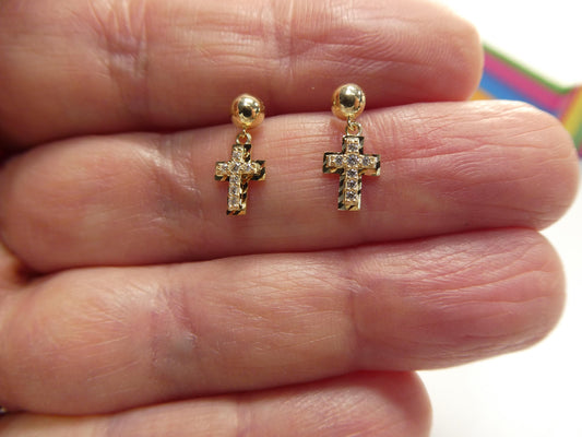 real 10k solid yellow gold cross dropping push post earrings