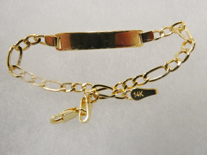 14K Real Solid Yellow Gold 6 Inch Figaro Style Baby ID Bracelet