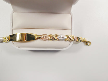 Real 925 Sterling Silver Stampato XOXO ID Bracelet 14k Yellow Gold Finish