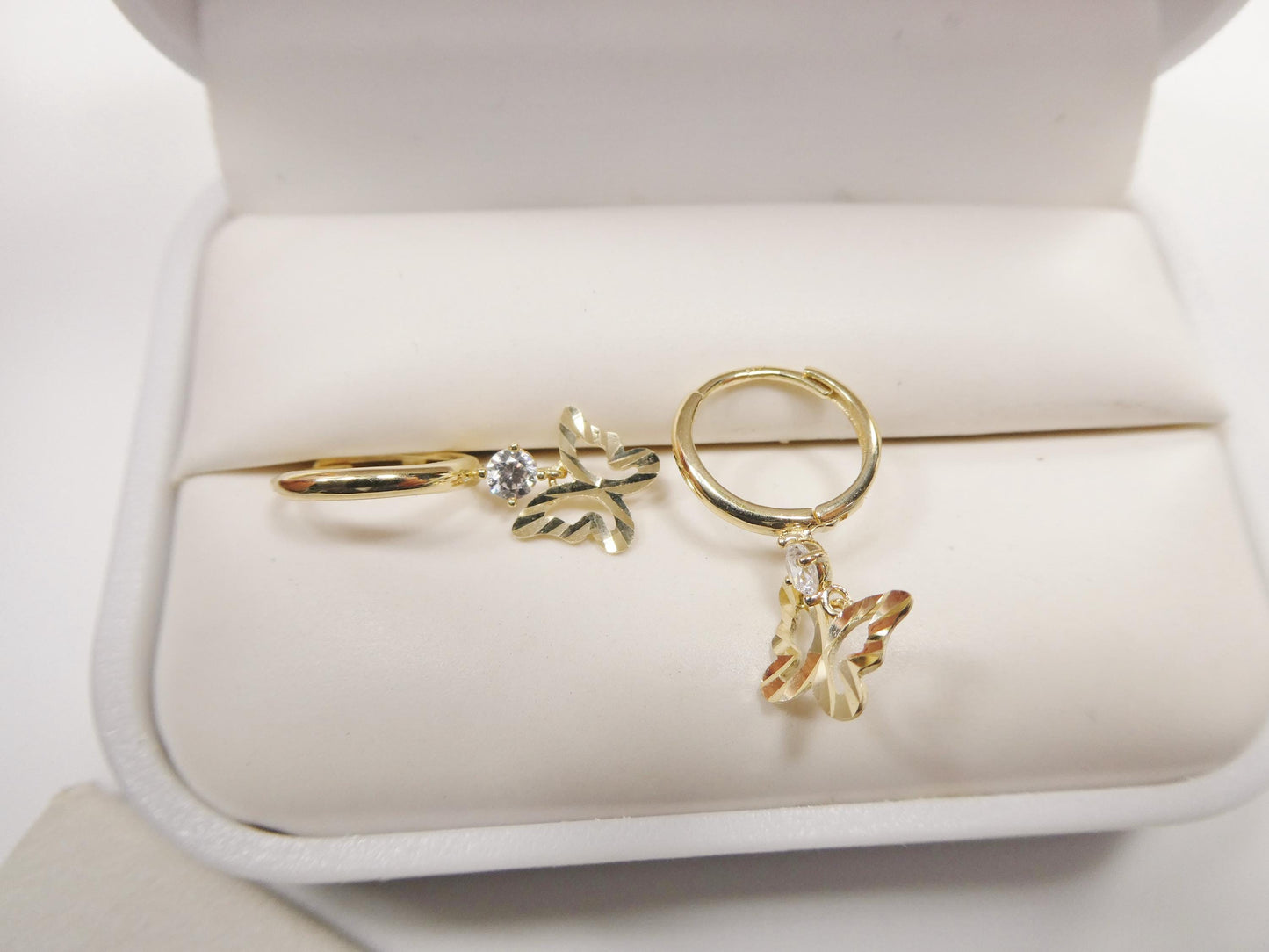 real 10k solid yellow gold butterfly drop hoop huggie earrings