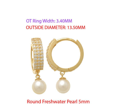 Real 10k Solid Yellow Gold Cultured Freshwater Pearl Dropping Hoop Huggie Earrings