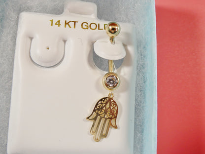 14k Real Solid Yellow Gold Dangling Hamsa Hand Belly Button Ring Piercing