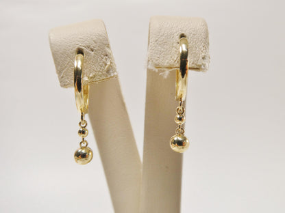 Real 10k Solid Yellow Gold Ball Drop Hoop Huggie Earrings