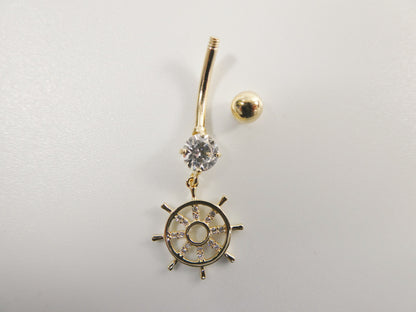 14k Real Solid Yellow Gold Ship Wheel Dangling Belly Button Ring Piercing