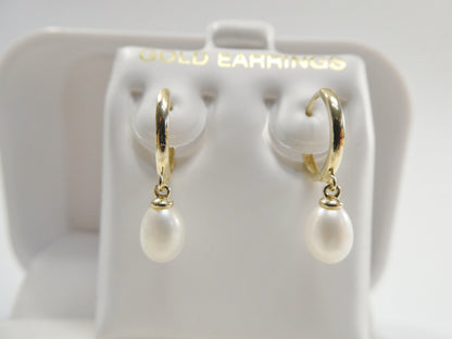 Real 10k Solid Yellow Gold Dangling Cultured Freshwater Pearl  Plain Hoop Huggie Earrings
