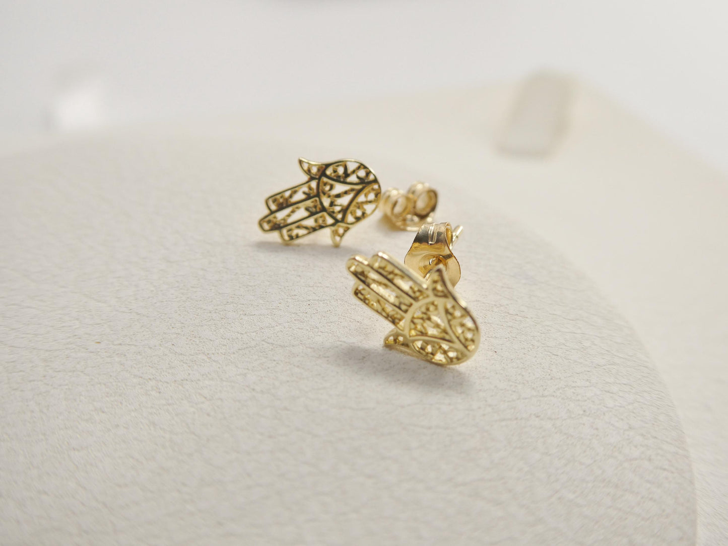 real 10k solid yellow gold tiny hand hamsa stud earrings dainty