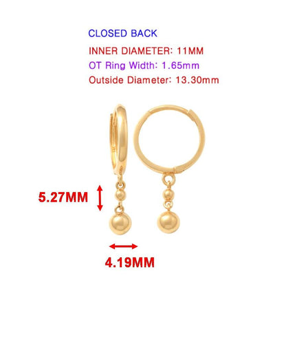 Real 10k Solid Yellow Gold Ball Drop Hoop Huggie Earrings