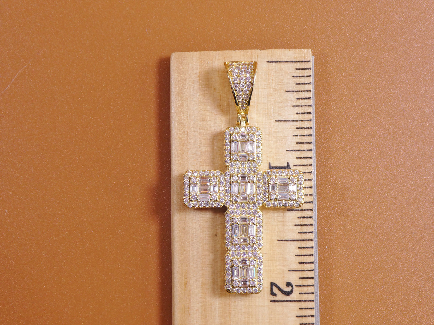 14k Gold Tone Sterling Silver Cross Pendant - 24 Inch Chain