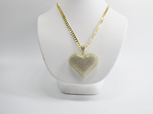 14k yellow gold color tone chain and large heart charm pendent over real 925 sterling silver