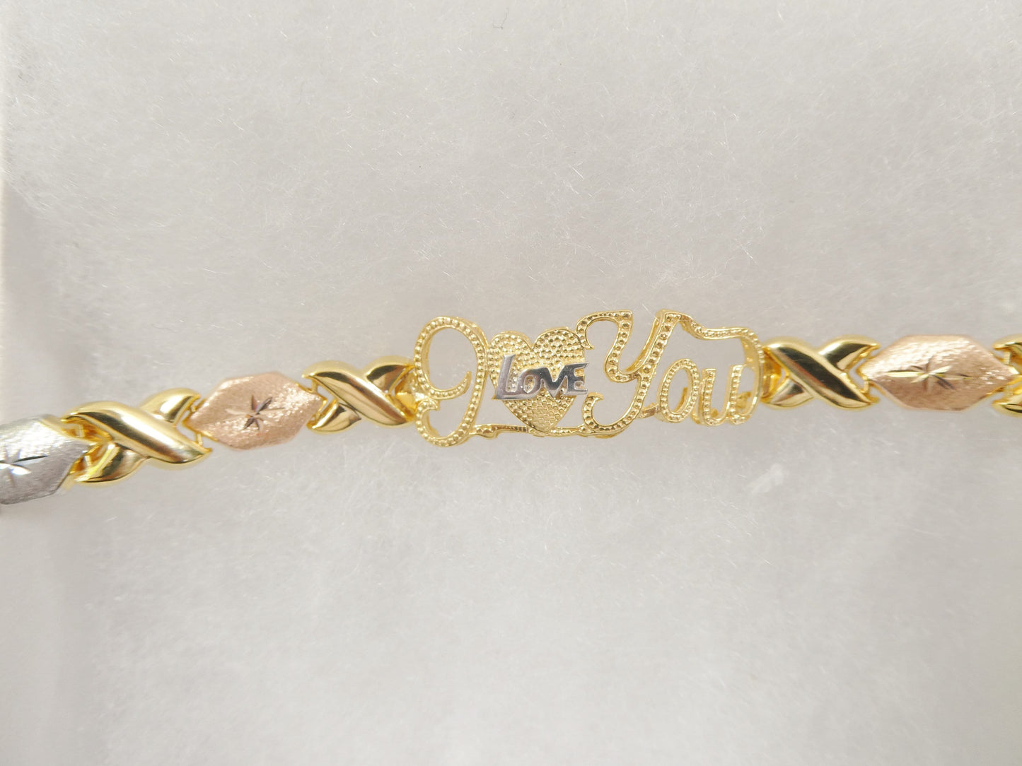 Sterling Silver I Love You XO Bracelet - Tri Color 14k Gold Finish