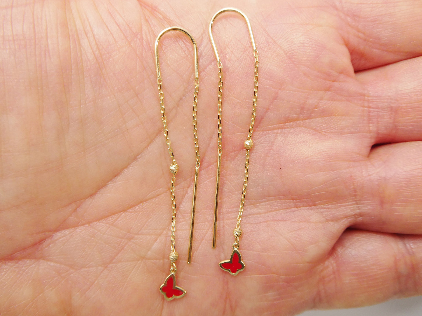 14k real solid yellow gold butterfly enamel long dangling earrings