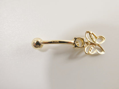 14k Real Solid Yellow Gold Butterfly Dangling Belly Button Ring Piercing