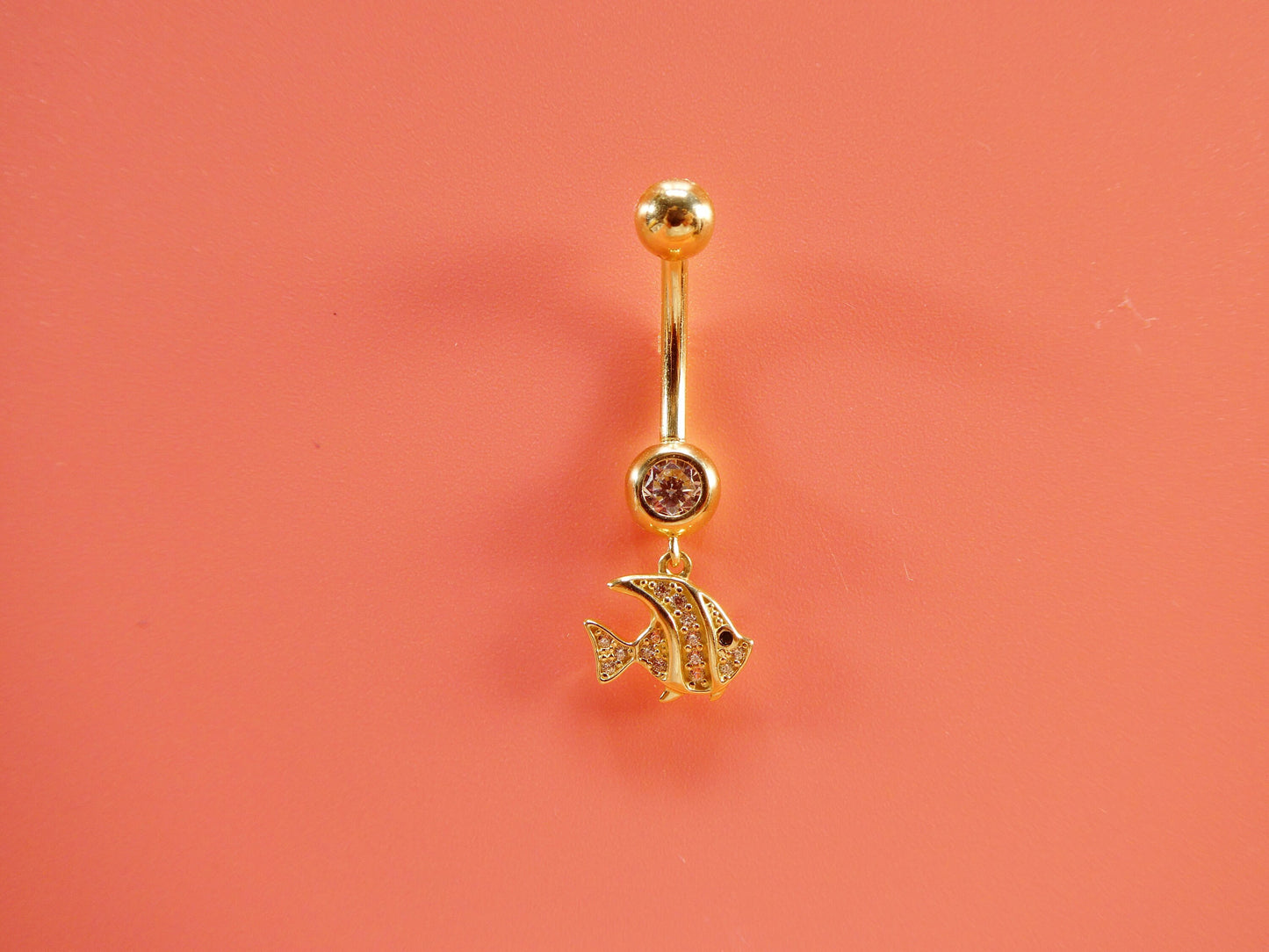 14k real solid yellow gold fish dangling belly button ring piercing