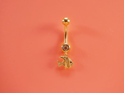 14k Real Solid Yellow Gold Fish Dangling Belly Button Ring Piercing