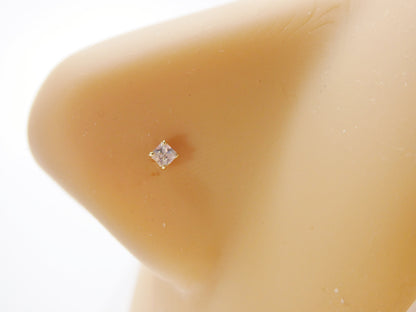 14k Real Solid Yellow Gold L-Shape 2mm Square Stone Stud Nose Ring