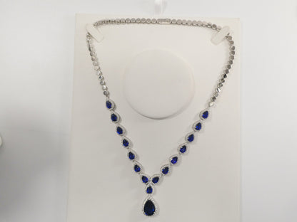 Real 925 Sterling Silver Teardrop Blue Sapphire Women Necklace