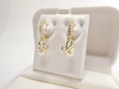 Real 10k Solid Yellow Gold Designer Pearl Drop Hoop Huggie Earrings