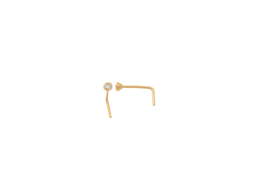 14k real solid yellow gold L SHAPE 1.5mm round stone stud nose ring