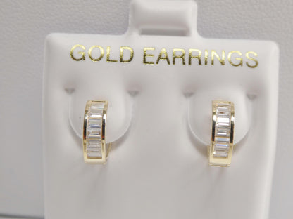 Real 10k Solid Yellow Gold Baguette Huggie Hoop Earrings