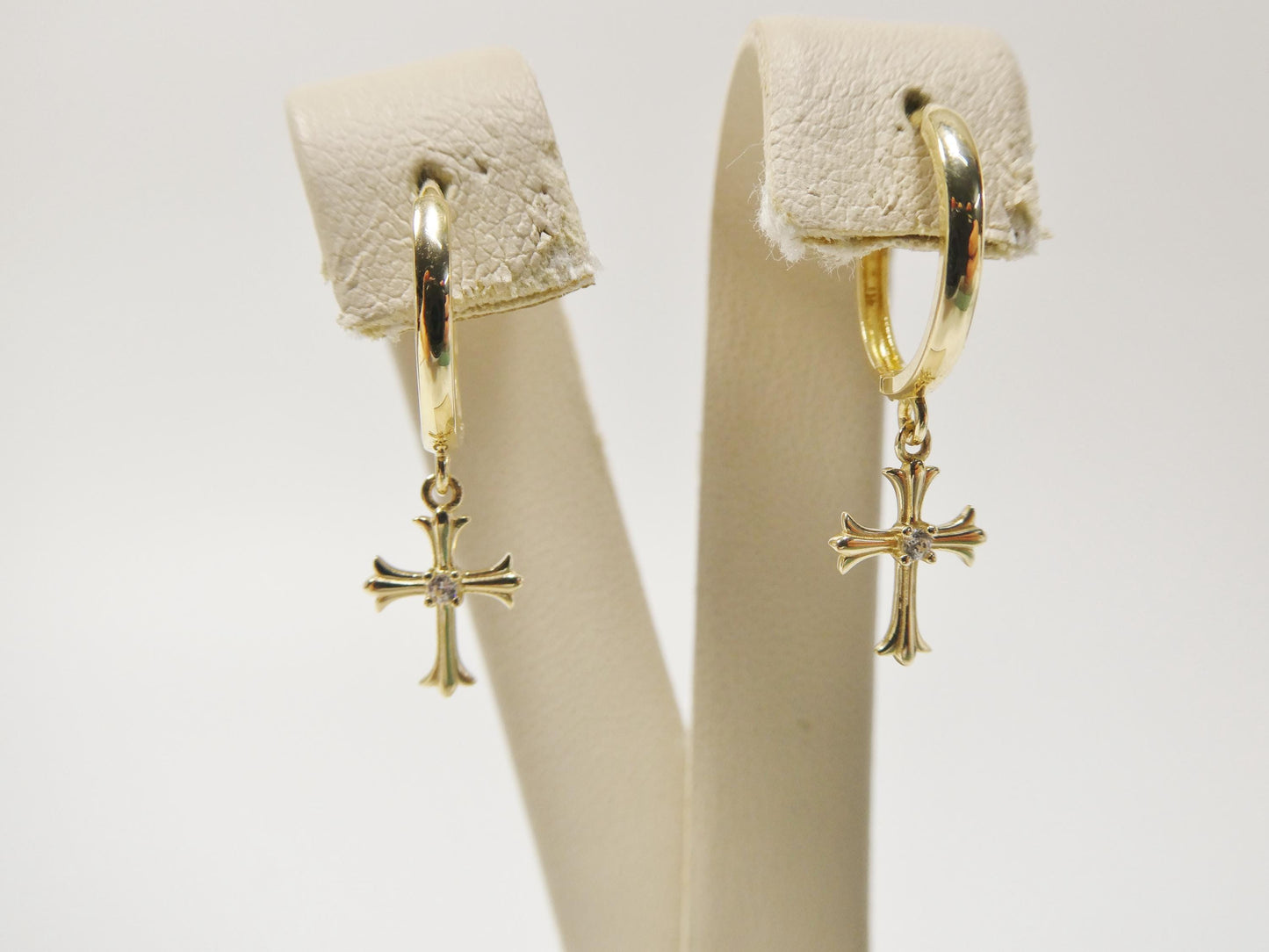 real 10k solid yellow gold cross dropping hoop huggie earring