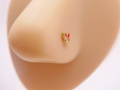 14k Real Solid Yellow Gold Red Butterfly Enamel Stud Nose Ring
