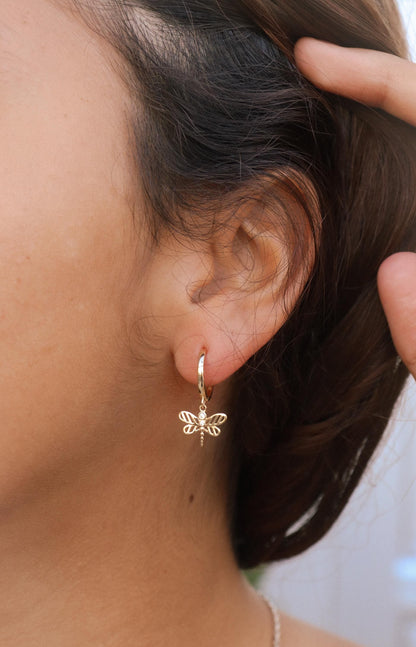Real 10k Solid Yellow Gold Butterfly Hoop Huggie Earrings
