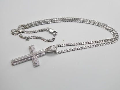 Real 925 Sterling Silver 18 Inch Flat Chain and Moissanite Cross Pendent Charm