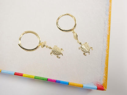 10k Real Yellow Gold Turtle Dangle Plain Huggie Earrings