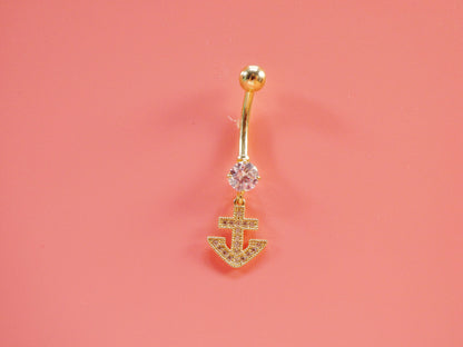 14k Real Solid Yellow Gold Dangling Anchor Belly Button Ring Piercing