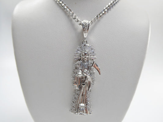 real 925 sterling silver 22 inch flat chain and large santa muerte pendent charm