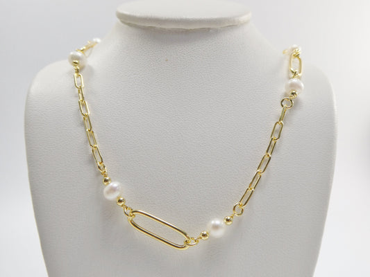 16 inch W/ 2 INCH EXTENTION  pearl / paper clip  necklace real 925 sterling silver 14k gold color finish