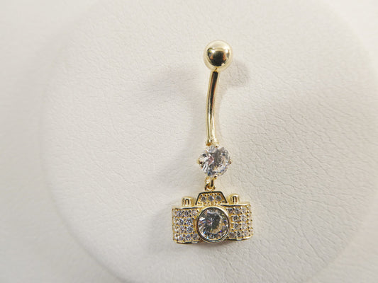 14k real solid yellow gold camera dangling belly button ring piercing