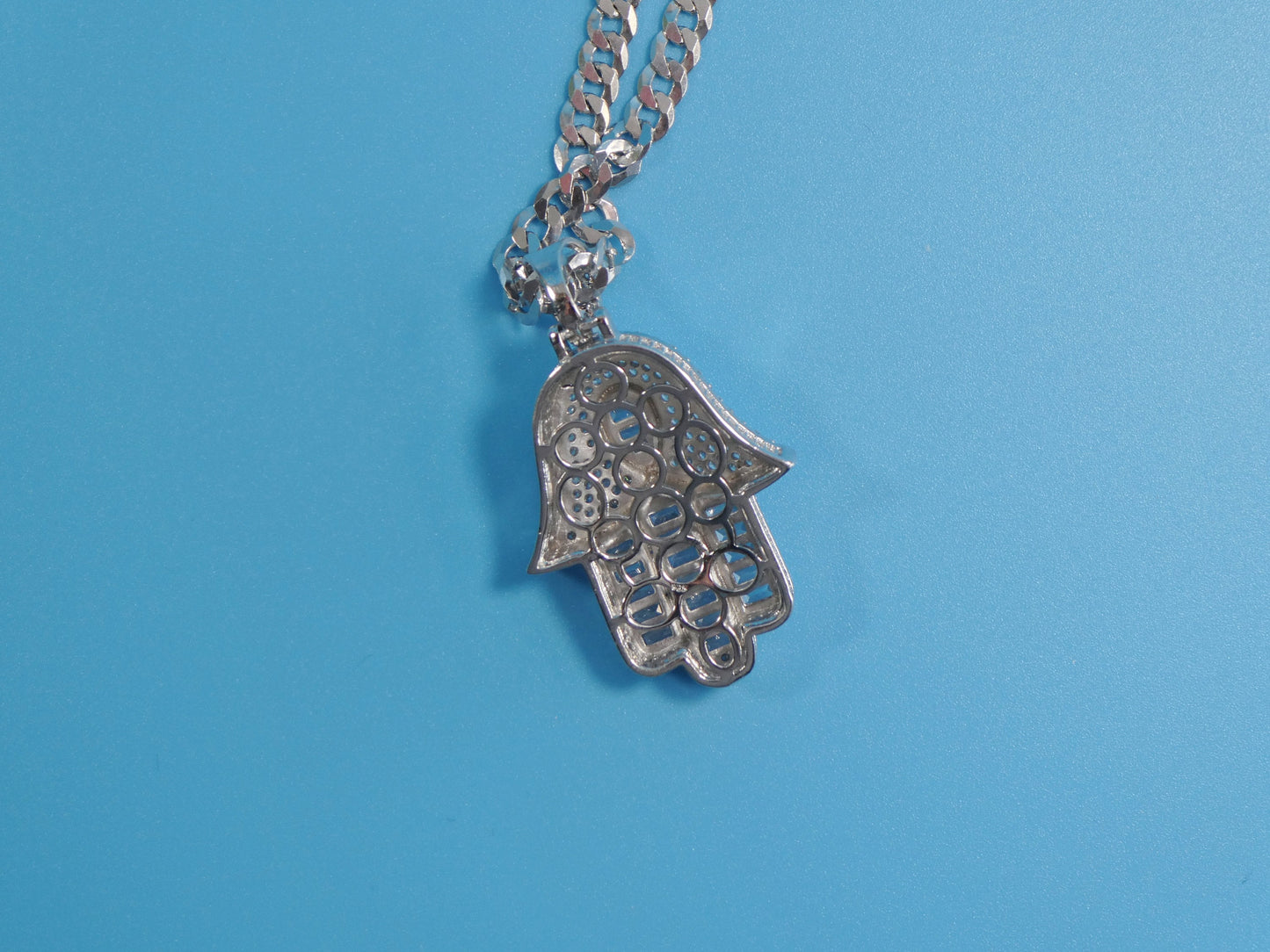 14k white gold color tone chain and large hamsa evil eye charm pendent over real 925 sterling silver