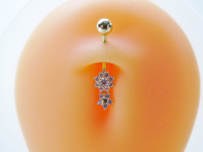 14k Real solid Yellow Gold Flower Bar Belly Button Ring Piercing