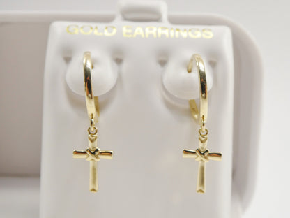 Real 10k Solid Yellow Gold Hoop Huggie Dangle Plain Cross Earrings