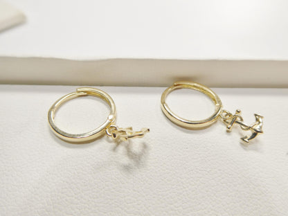 Real 10k Solid Yellow Gold Designer Anchor Drop Hoop Huggie Earrings