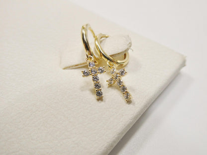Real 10k Solid Yellow Gold Cross Dropping Hoop Huggie Earrings