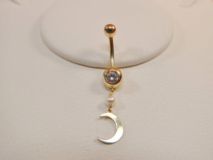 14k Real Solid Yellow Gold Dangling Moon Belly Button Ring Piercing