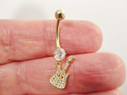 14k Real Solid Yellow Gold Guitar Dangling Belly Button Ring Piercing