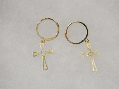 10k Real Solid Yellow Gold Plain Hoop Huggie Cross Dropping
