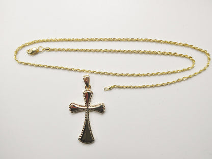 14k Real Solid Yellow Gold Super High Polish Cross Pendent and Robe Necklace