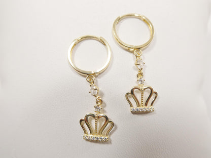 Real 10k Solid Yellow Gold Crown Hoop Huggie Earring